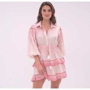 Alicia Bell Bailey Tiered Mini Dress Pink Block Print Long Sleeve, XS